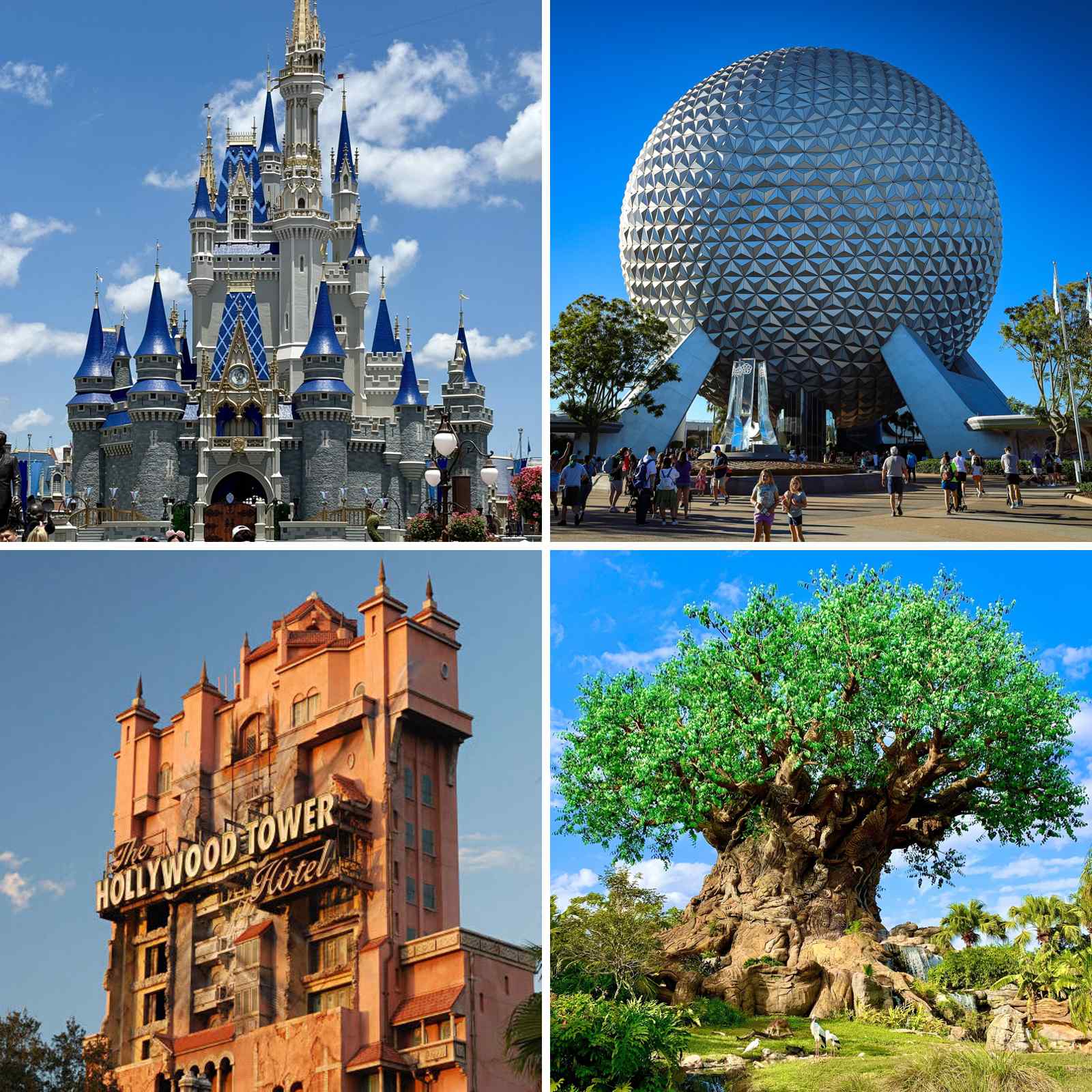 Colagem com os ícones dos 4 parques da Disney: Castelo da Cinderela (Magic Kingdom), Spaceship Earth (EPCOT), Tower of Terror (Hollywood Studios) e Árvore da Vida (Animal Kingdom)